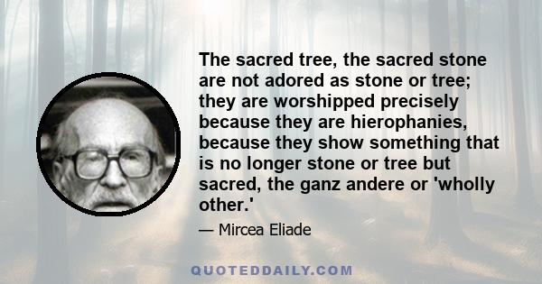 The sacred tree, the sacred stone are not adored as stone or tree; they are worshipped precisely because they are hierophanies, because they show something that is no longer stone or tree but sacred, the ganz andere or