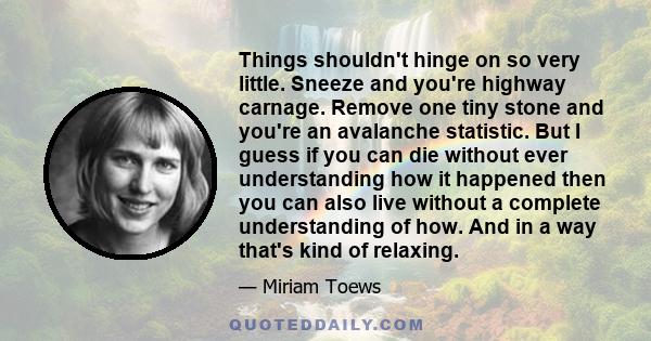 Things shouldn't hinge on so very little. Sneeze and you're highway carnage. Remove one tiny stone and you're an avalanche statistic. But I guess if you can die without ever understanding how it happened then you can