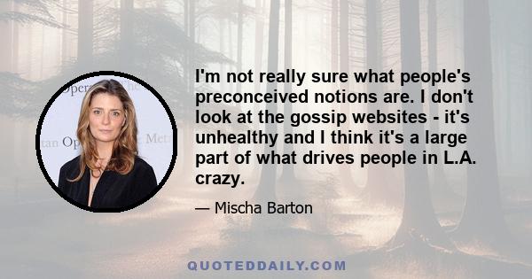 I'm not really sure what people's preconceived notions are. I don't look at the gossip websites - it's unhealthy and I think it's a large part of what drives people in L.A. crazy.