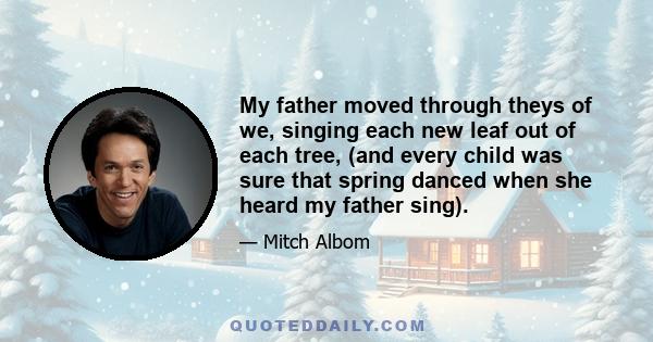 My father moved through theys of we, singing each new leaf out of each tree, (and every child was sure that spring danced when she heard my father sing).