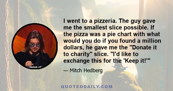 I went to a pizzeria. The guy gave me the smallest slice possible. If the pizza was a pie chart with what would you do if you found a million dollars, he gave me the Donate it to charity slice. I'd like to exchange this 