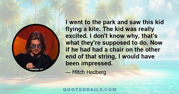 I went to the park and saw this kid flying a kite. The kid was really excited. I don't know why, that's what they're supposed to do. Now if he had had a chair on the other end of that string, I would have been impressed.