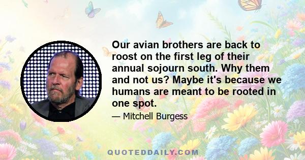 Our avian brothers are back to roost on the first leg of their annual sojourn south. Why them and not us? Maybe it's because we humans are meant to be rooted in one spot.