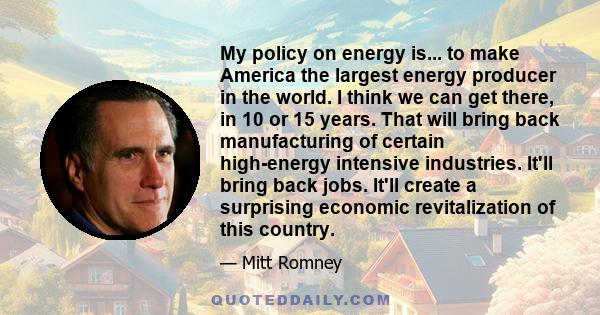 My policy on energy is... to make America the largest energy producer in the world. I think we can get there, in 10 or 15 years. That will bring back manufacturing of certain high-energy intensive industries. It'll