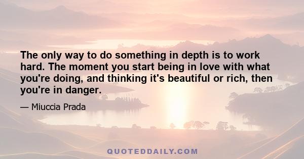 The only way to do something in depth is to work hard. The moment you start being in love with what you're doing, and thinking it's beautiful or rich, then you're in danger.