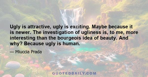 Ugly is attractive, ugly is exciting. Maybe because it is newer. The investigation of ugliness is, to me, more interesting than the bourgeois idea of beauty. And why? Because ugly is human.