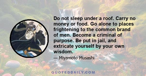 Do not sleep under a roof. Carry no money or food. Go alone to places frightening to the common brand of men. Become a criminal of purpose. Be put in jail, and extricate yourself by your own wisdom.