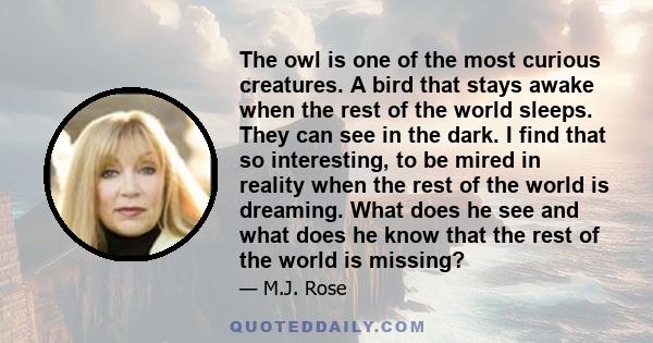 The owl is one of the most curious creatures. A bird that stays awake when the rest of the world sleeps. They can see in the dark. I find that so interesting, to be mired in reality when the rest of the world is