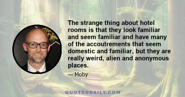 The strange thing about hotel rooms is that they look familiar and seem familiar and have many of the accoutrements that seem domestic and familiar, but they are really weird, alien and anonymous places.