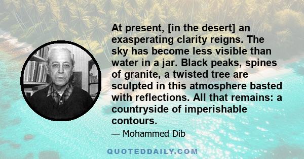 At present, [in the desert] an exasperating clarity reigns. The sky has become less visible than water in a jar. Black peaks, spines of granite, a twisted tree are sculpted in this atmosphere basted with reflections.