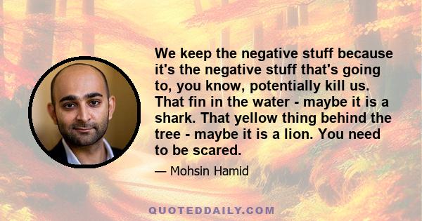 We keep the negative stuff because it's the negative stuff that's going to, you know, potentially kill us. That fin in the water - maybe it is a shark. That yellow thing behind the tree - maybe it is a lion. You need to 