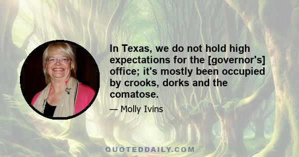 In Texas, we do not hold high expectations for the [governor's] office; it's mostly been occupied by crooks, dorks and the comatose.