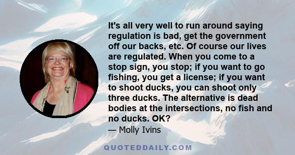 It's all very well to run around saying regulation is bad, get the government off our backs, etc. Of course our lives are regulated. When you come to a stop sign, you stop; if you want to go fishing, you get a license;