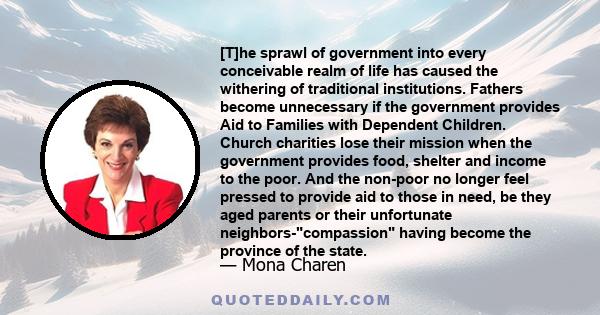 [T]he sprawl of government into every conceivable realm of life has caused the withering of traditional institutions. Fathers become unnecessary if the government provides Aid to Families with Dependent Children. Church 