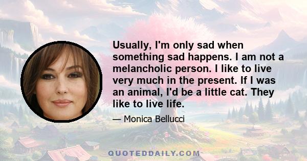 Usually, I'm only sad when something sad happens. I am not a melancholic person. I like to live very much in the present. If I was an animal, I'd be a little cat. They like to live life.