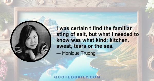 I was certain t find the familiar sting of salt, but what I needed to know was what kind: kitchen, sweat, tears or the sea.