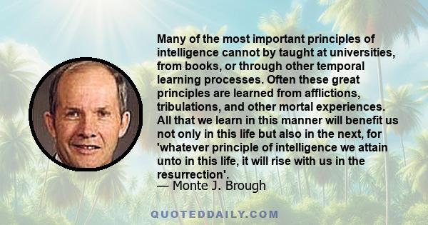 Many of the most important principles of intelligence cannot by taught at universities, from books, or through other temporal learning processes. Often these great principles are learned from afflictions, tribulations,