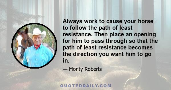 Always work to cause your horse to follow the path of least resistance. Then place an opening for him to pass through so that the path of least resistance becomes the direction you want him to go in.