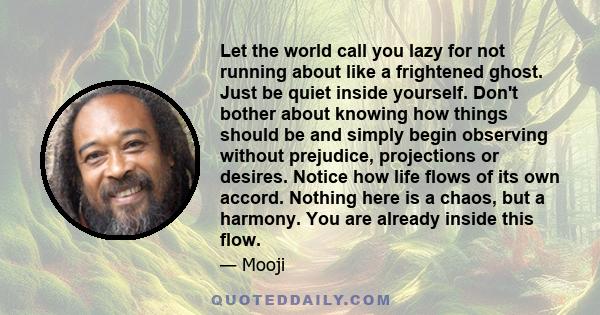 Let the world call you lazy for not running about like a frightened ghost. Just be quiet inside yourself. Don't bother about knowing how things should be and simply begin observing without prejudice, projections or