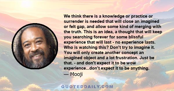 We think there is a knowledge or practice or surrender is needed that will close an imagined or felt gap, and allow some kind of merging with the truth. This is an idea, a thought that will keep you searching forever