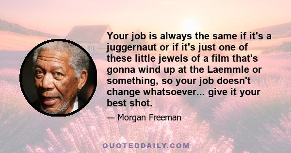 Your job is always the same if it's a juggernaut or if it's just one of these little jewels of a film that's gonna wind up at the Laemmle or something, so your job doesn't change whatsoever... give it your best shot.