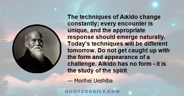 The techniques of Aikido change constantly; every encounter is unique, and the appropriate response should emerge naturally. Today's techniques will be different tomorrow. Do not get caught up with the form and