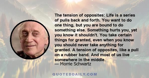 The tension of opposites: Life is a series of pulls back and forth. You want to do one thing, but you are bound to do something else. Something hurts you, yet you know it shouldn't. You take certain things for granted,