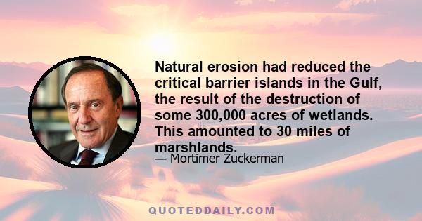 Natural erosion had reduced the critical barrier islands in the Gulf, the result of the destruction of some 300,000 acres of wetlands. This amounted to 30 miles of marshlands.