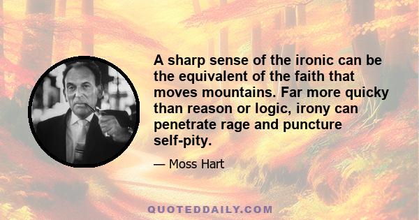 A sharp sense of the ironic can be the equivalent of the faith that moves mountains. Far more quicky than reason or logic, irony can penetrate rage and puncture self-pity.