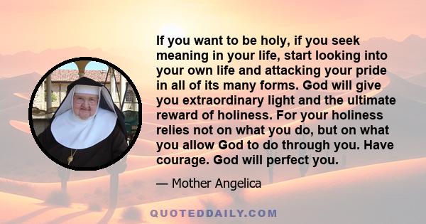 If you want to be holy, if you seek meaning in your life, start looking into your own life and attacking your pride in all of its many forms. God will give you extraordinary light and the ultimate reward of holiness.