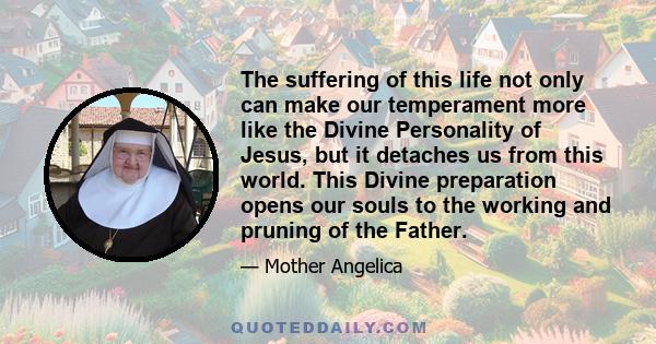 The suffering of this life not only can make our temperament more like the Divine Personality of Jesus, but it detaches us from this world. This Divine preparation opens our souls to the working and pruning of the