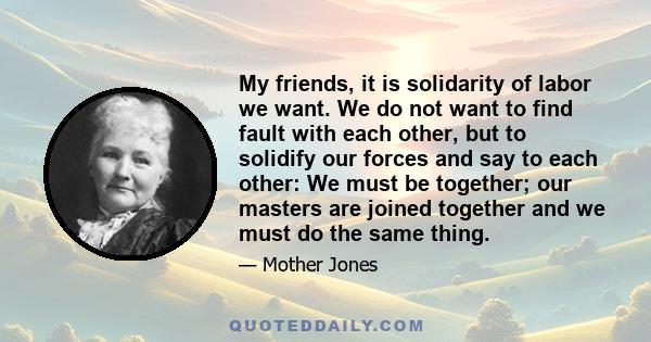 My friends, it is solidarity of labor we want. We do not want to find fault with each other, but to solidify our forces and say to each other: We must be together; our masters are joined together and we must do the same 