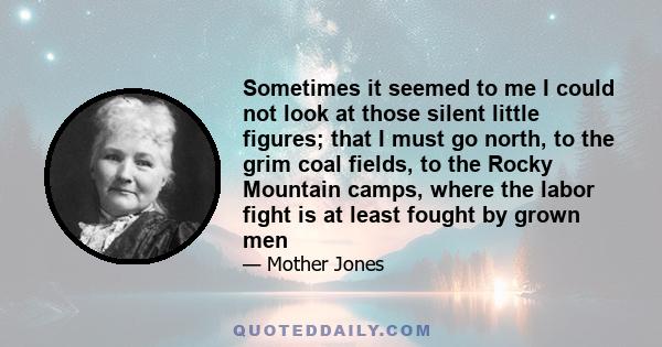 Sometimes it seemed to me I could not look at those silent little figures; that I must go north, to the grim coal fields, to the Rocky Mountain camps, where the labor fight is at least fought by grown men