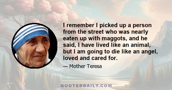 I remember I picked up a person from the street who was nearly eaten up with maggots, and he said, I have lived like an animal, but I am going to die like an angel, loved and cared for.