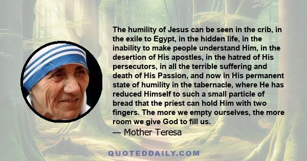 The humility of Jesus can be seen in the crib, in the exile to Egypt, in the hidden life, in the inability to make people understand Him, in the desertion of His apostles, in the hatred of His persecutors, in all the