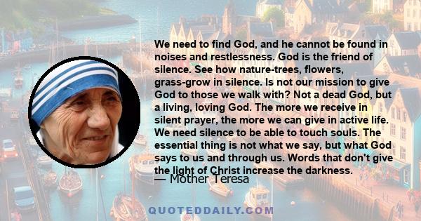 We need to find God, and he cannot be found in noises and restlessness. God is the friend of silence. See how nature-trees, flowers, grass-grow in silence. Is not our mission to give God to those we walk with? Not a