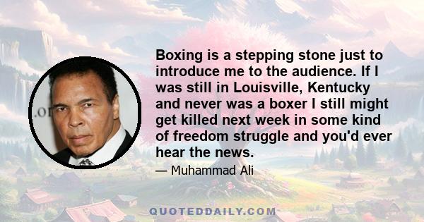 Boxing is a stepping stone just to introduce me to the audience. If I was still in Louisville, Kentucky and never was a boxer I still might get killed next week in some kind of freedom struggle and you'd ever hear the