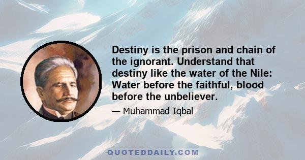 Destiny is the prison and chain of the ignorant. Understand that destiny like the water of the Nile: Water before the faithful, blood before the unbeliever.