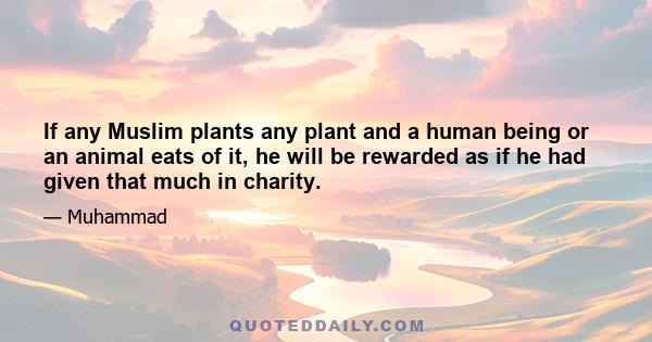 If any Muslim plants any plant and a human being or an animal eats of it, he will be rewarded as if he had given that much in charity.