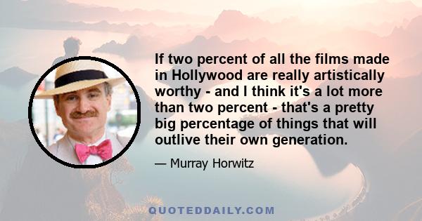 If two percent of all the films made in Hollywood are really artistically worthy - and I think it's a lot more than two percent - that's a pretty big percentage of things that will outlive their own generation.