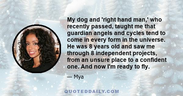 My dog and 'right hand man,' who recently passed, taught me that guardian angels and cycles tend to come in every form in the universe. He was 8 years old and saw me through 8 independent projects, from an unsure place