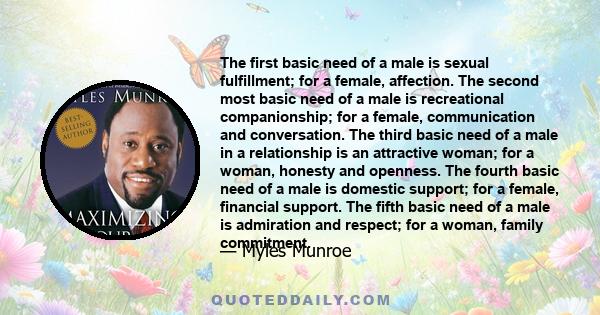 The first basic need of a male is sexual fulfillment; for a female, affection. The second most basic need of a male is recreational companionship; for a female, communication and conversation. The third basic need of a