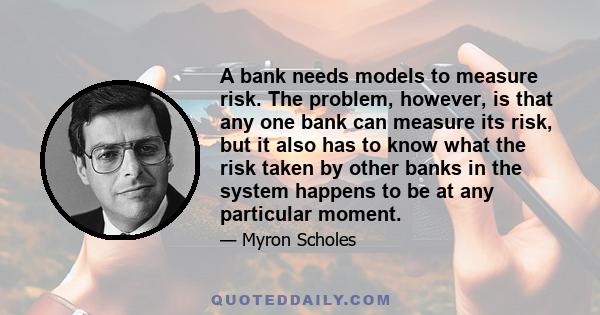 A bank needs models to measure risk. The problem, however, is that any one bank can measure its risk, but it also has to know what the risk taken by other banks in the system happens to be at any particular moment.