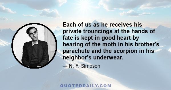 Each of us as he receives his private trouncings at the hands of fate is kept in good heart by hearing of the moth in his brother's parachute and the scorpion in his neighbor's underwear.