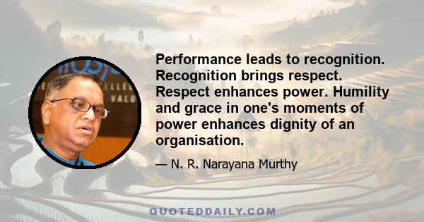 Performance leads to recognition. Recognition brings respect. Respect enhances power. Humility and grace in one's moments of power enhances dignity of an organisation.