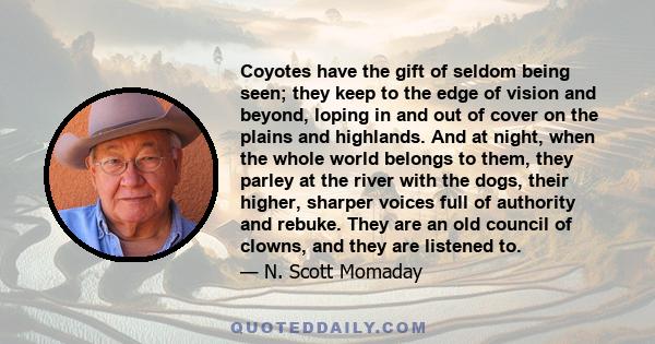 Coyotes have the gift of seldom being seen; they keep to the edge of vision and beyond, loping in and out of cover on the plains and highlands. And at night, when the whole world belongs to them, they parley at the