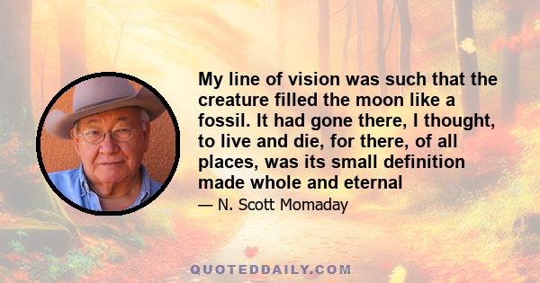 My line of vision was such that the creature filled the moon like a fossil. It had gone there, I thought, to live and die, for there, of all places, was its small definition made whole and eternal