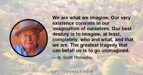 We are what we imagine. Our very existence consists in our imagination of ourselves. Our best destiny is to imagine, at least, completely, who and what, and that we are. The greatest tragedy that can befall us is to go