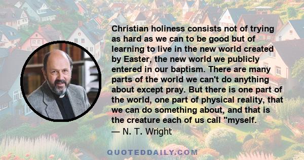 Christian holiness consists not of trying as hard as we can to be good but of learning to live in the new world created by Easter, the new world we publicly entered in our baptism. There are many parts of the world we