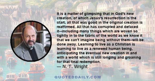 It is a matter of glimpsing that in God's new creation, of which Jesus's resurrection is the start, all that was good in the original creation is reaffirmed. All that has corrupted and defaced it--including many things